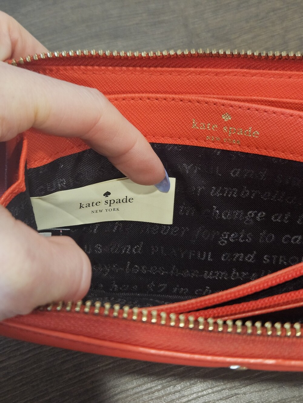 Kate Spade Storybook Lining Full Zip Red Wallet + Embellished 'D' Detailing - Picture 10 of 13